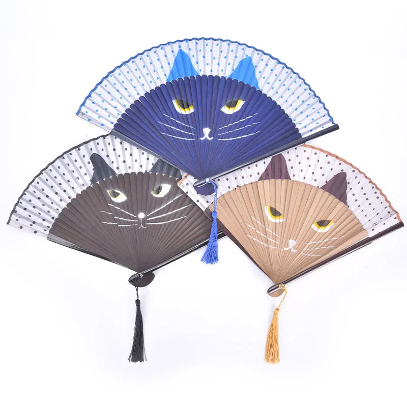 Cat Cartoon Silk Fashionable Japan Style Hand Fans Popular Handheld Folding Fans New Spray-painted Cat Head Japanese Wind