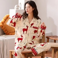 autumnwinter hot sell lapel cardigan pure cotton cartoon lady pajamas girl print two piece home wear comfy soft women nightie