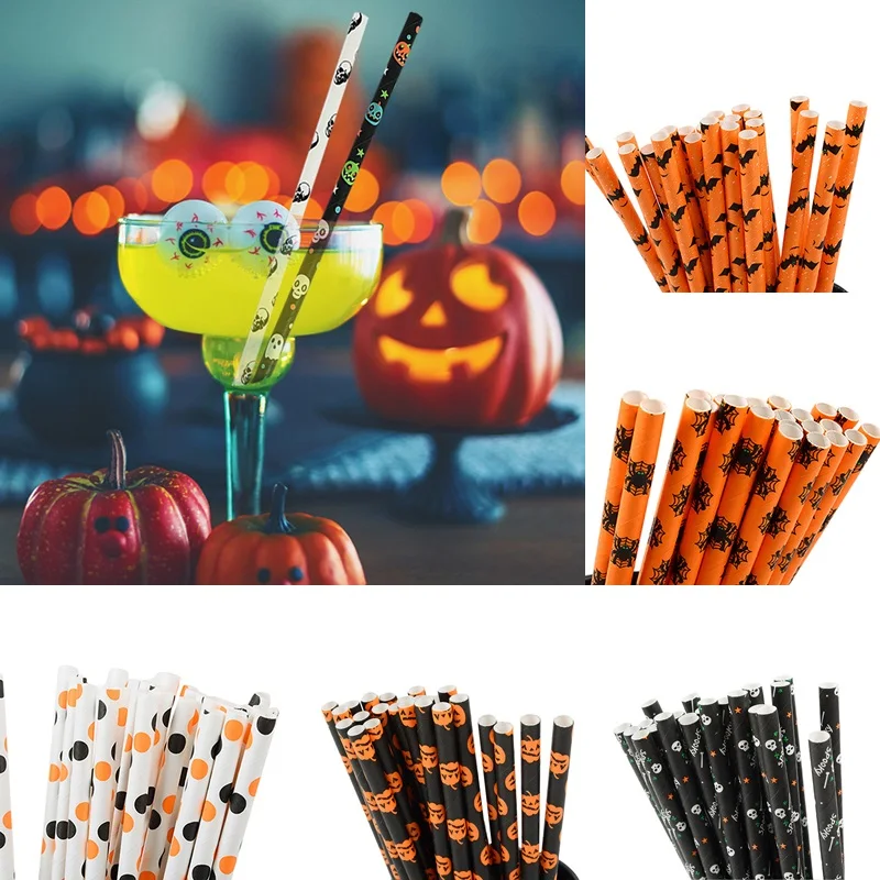 Sale 50Pcs Бумага питьевые соломки Хэллоуин вечерние тыквенный призрак соломинки