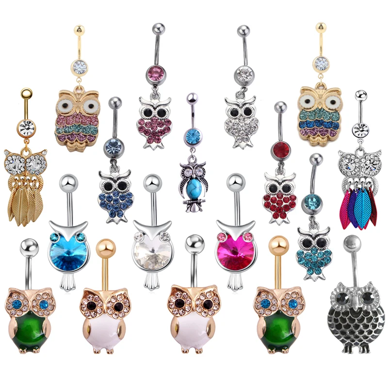 1 шт. милое животное 316L нержавеющая сталь зеленая сова Кристальный пупок Золотой