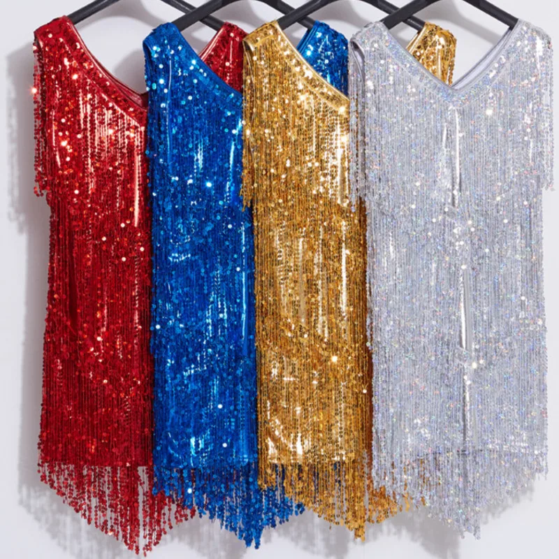 Блестящие золотые блестки лоскутное платье с бахромой модные пикантные