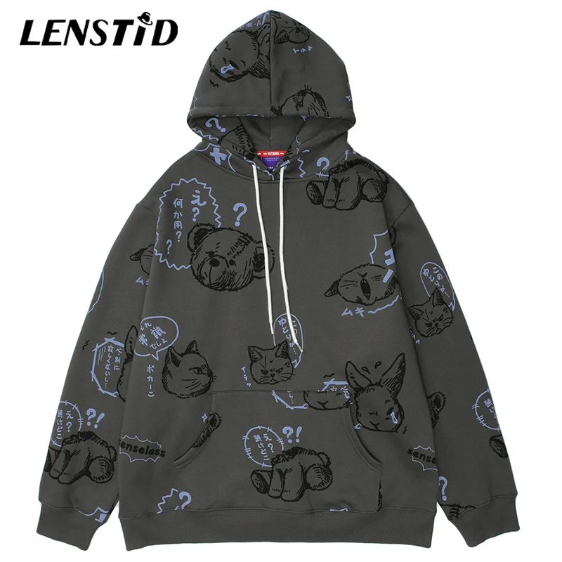 

LENSTID Men Hip Hop Winter Fleece Pullover Hoodies Japanese Kanji Animal Print Harajuku Streetwear Casual Hooded Sweatshirts