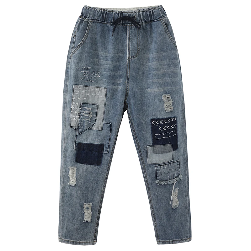

Art Style Patchwork Casual Loose Vintage Women Jeans Hole Design Elastic Waist Denim Ladies Harem Pants