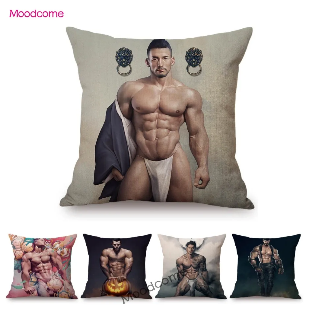 

New Sexy Muscle Man King Prince Charming Tempting Male Art Gay Home Decorative Sofa Throw Pillow Case Cotton Linen Cushion Cover