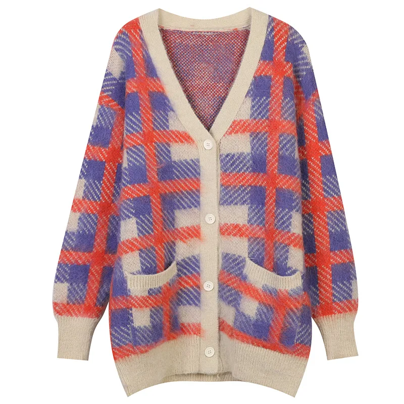 

Винтажный клетчатый свитер, кардиганы, женские свободные вязаные топы, пикантная уличная мода с V-образным вырезом, Осень-зима 2021, повседнев...