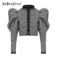 twotwinstyle ruched plaid coat for women o neck puff sleeve short female coat streetwear autumn fashion new clothing 2020