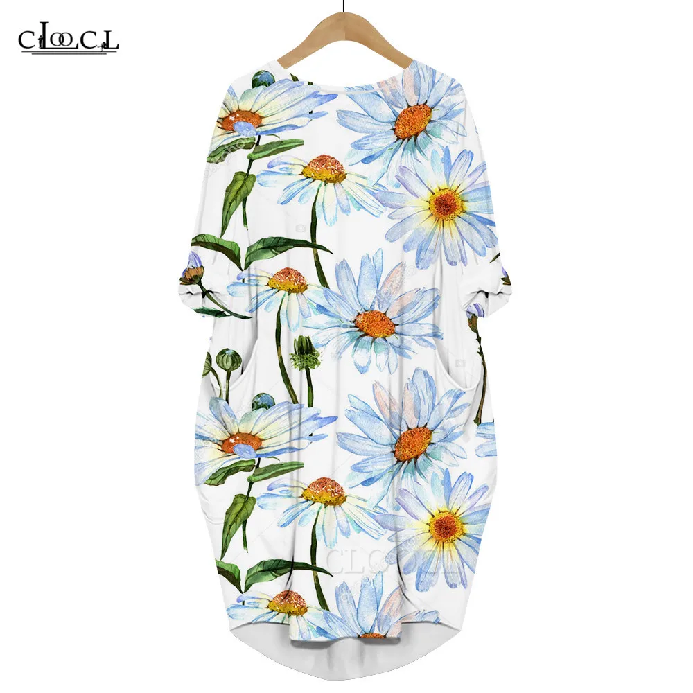 

CLOOCL Flower Daisy Women Dress Pockets Dresses 3D Print Plants Leaf Ladies Casual Harajuku Long Sleeve Dress Fashion Streetwear