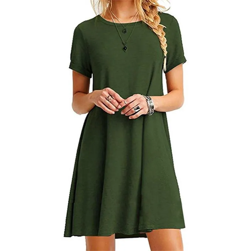 

Womens Summer Plus Size T-Shirt Dress Short Sleeves Midi Swing Plain Solid Color Crew Neck Casual Loose Pullover Tunic Tops
