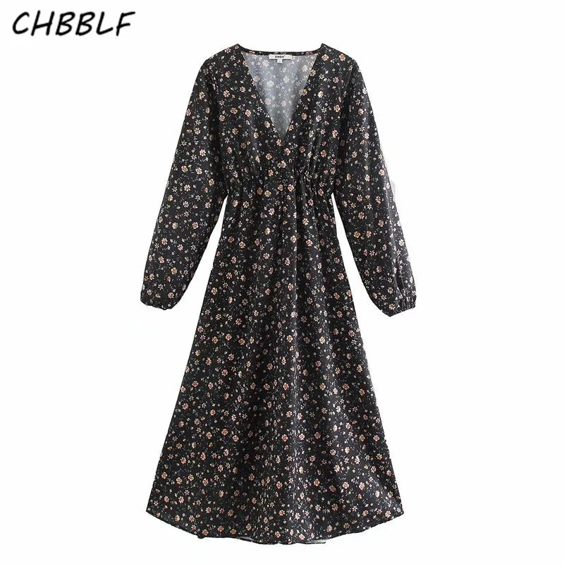 Платье-миди с цветочным принтом V-образным вырезом и длинным рукавом | Женская