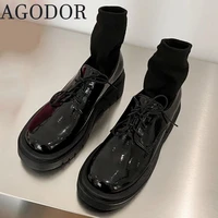 agodor patent leather lace up chunky pumps for women block mid heel women shoes closed toe shoes for women pumps