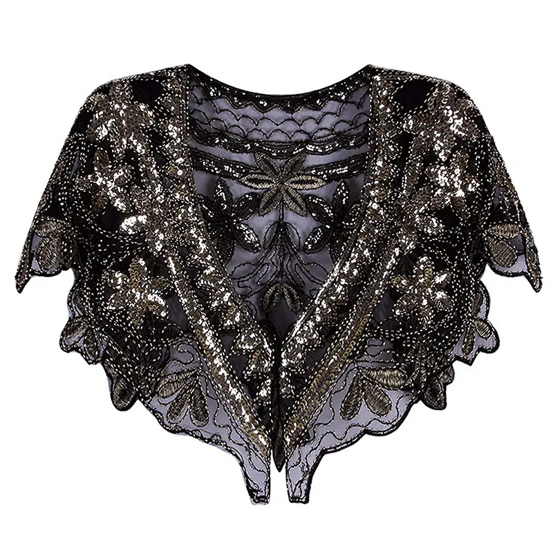 Black gold shawl Женская шаль 1920s Короткая Свадебная накидка Арт Деко с пайетками и бисером вечерняя накидка Болеро Хлопушка накидка летняя накидка - Цвет: Black gold shawl
