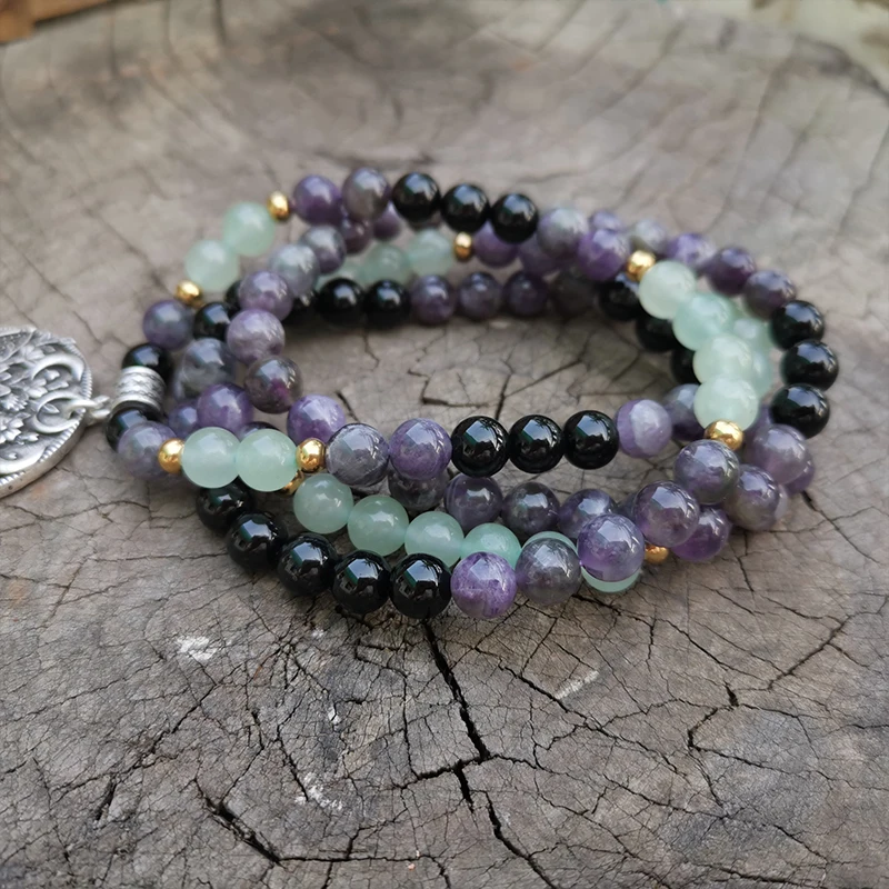 Аметист 8 мм комплект из зеленого авантюрина и ямалы лотос ювелирные изделия для