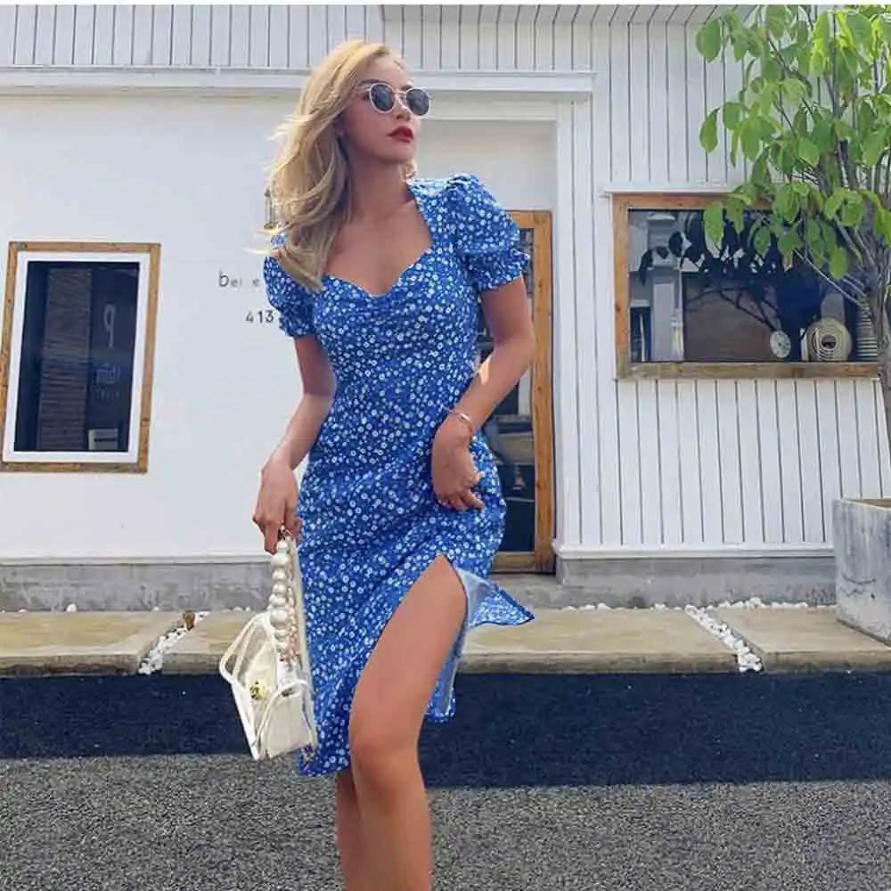 

Floral Print Dresses Women Elegant Square Collar Ruffles Puff Sleeve Summer Lady Split Hem Knee-Length Dresses 2020New