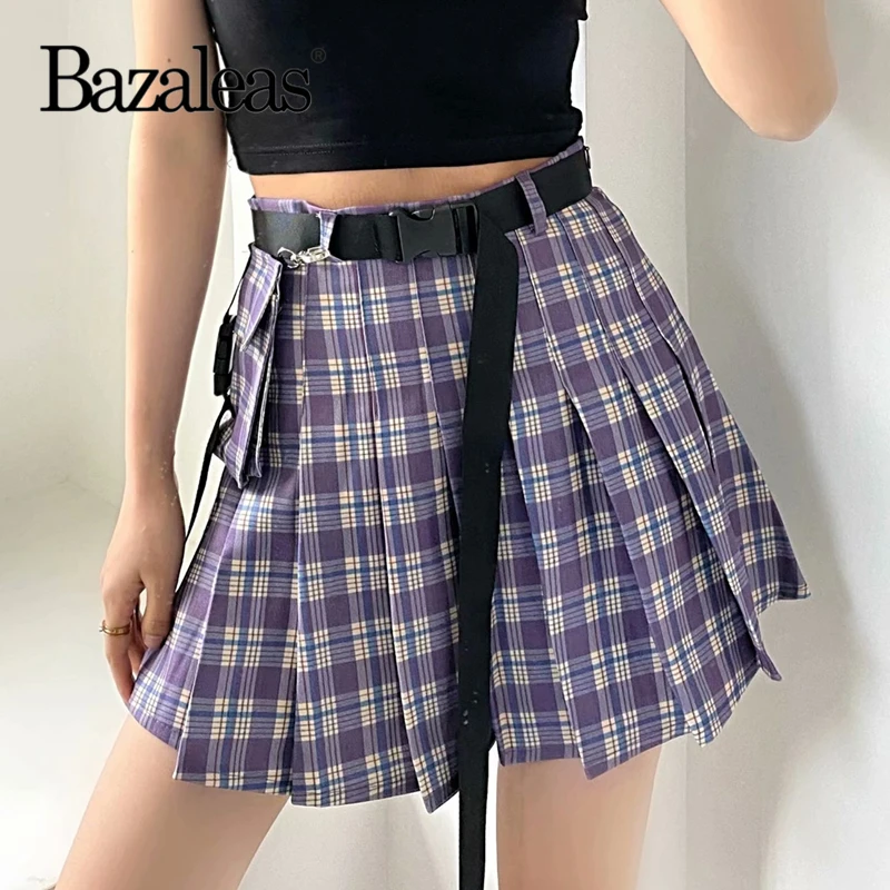 

Женская плиссированная мини-юбка в клетку, фиолетовая клетчатая мини-юбка с боковыми карманами, в стиле Харадзюку, 2021