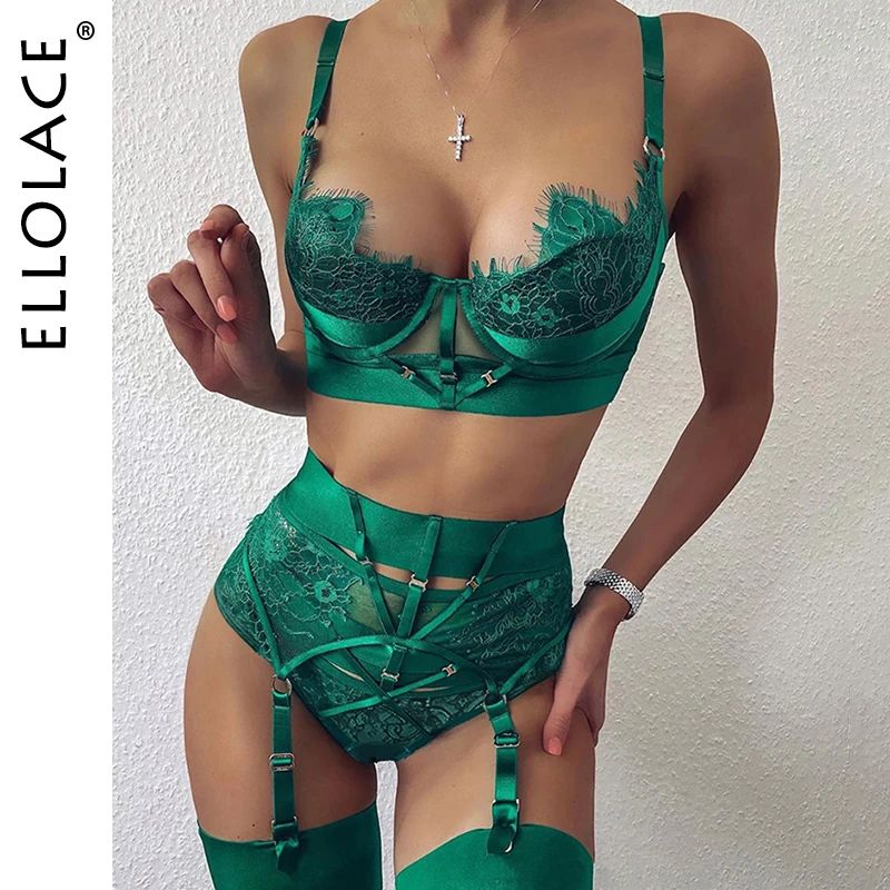 Ellolace Lingerie Sexy Bra Women's Underwear Set Lace Bandage Lingerie Set Sexy Push up Lenceria 3 Piece Set Erotic Lingerie