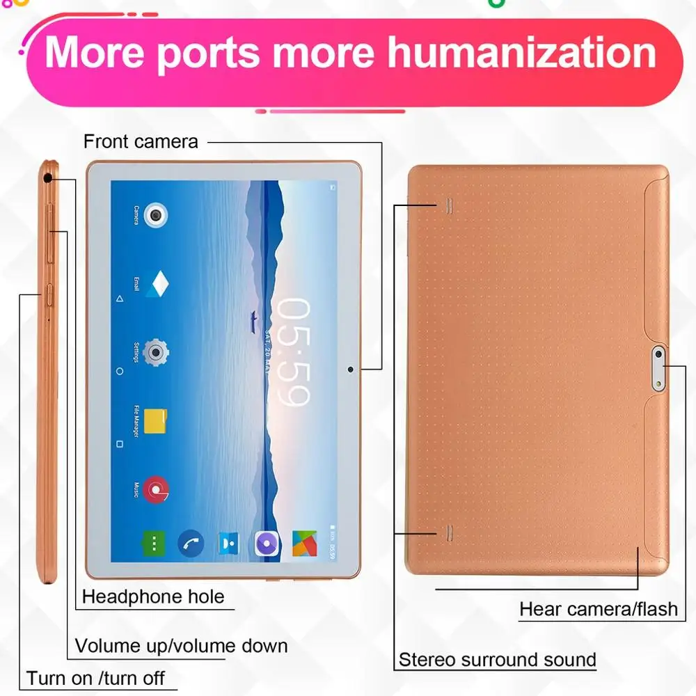 

KT107 Plastic Tablet 10.1 Inch HD Large Screen Android 8.10 Version Fashion Portable Tablet 8G+64G Gold Tablet