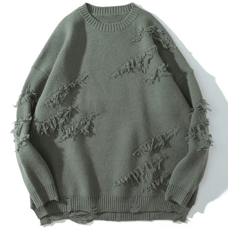 Винтажный свитер в стиле хип-хоп, мужская одежда в стиле Харадзюку, уличные пуловеры, Свитер оверсайз, рваный однотонный шерстяной трикотажный топ с дырками