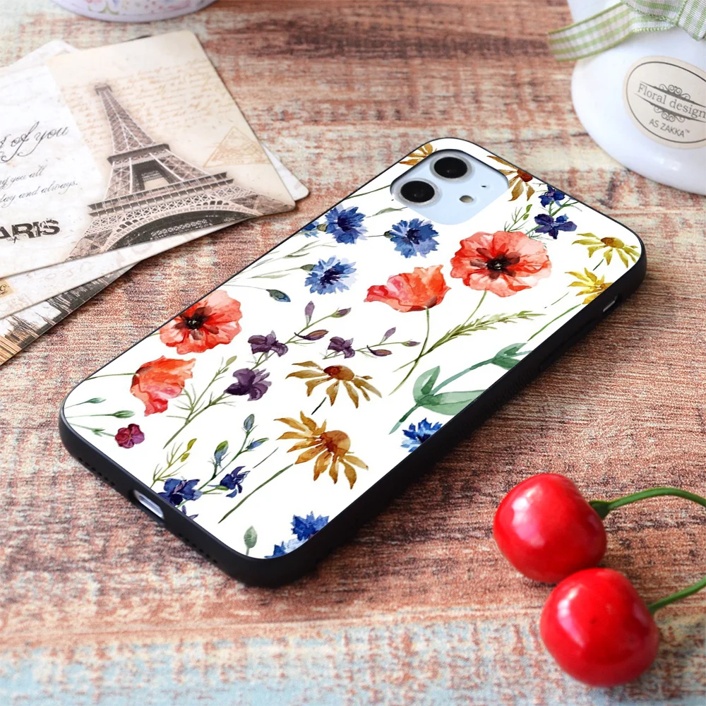 

For iPhone Wild flower watercolor Soft TPU Border Apple iPhone Case