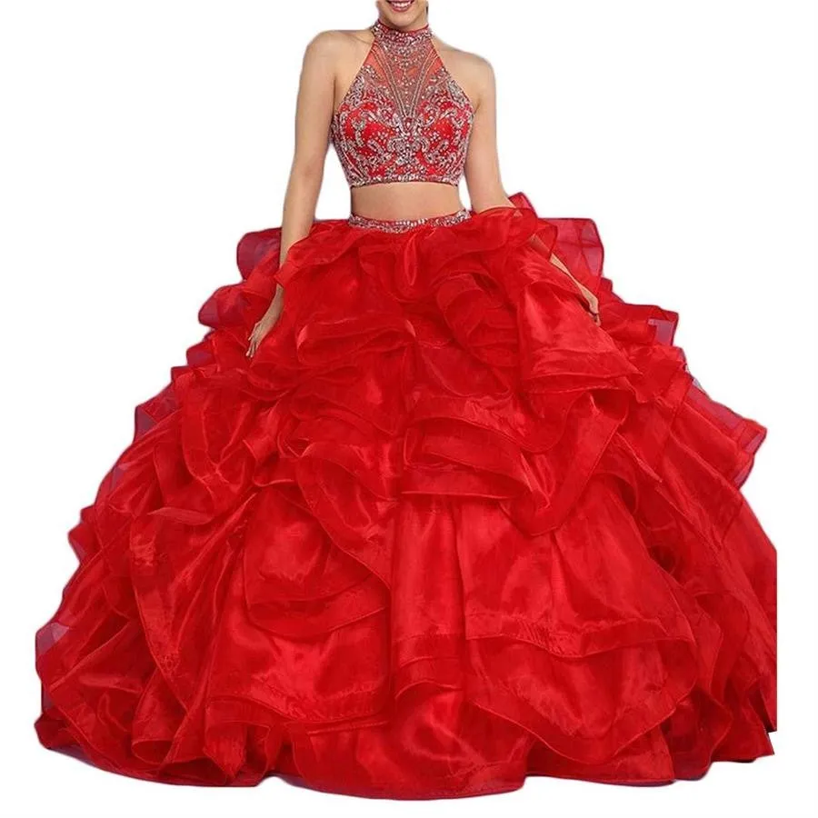 

BM Luxury Red Long Two Pieces Quinceanera Dresses 2021 Sweetheart Beaded Ball Gowns Sweet 16 Dresses Prom Party Gown BM392