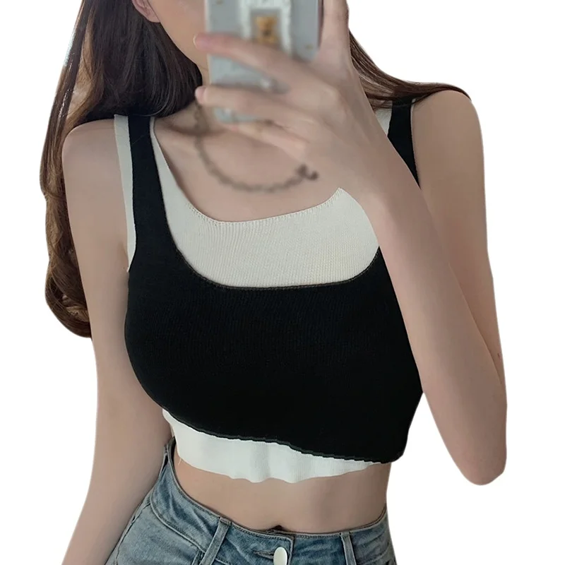 

Women Camisoles Designer Patchwork Fake 2 pieces Tanks All-match Sleeveless Tops Female Fashion Ins Ulzzang Chic Casual Clothes