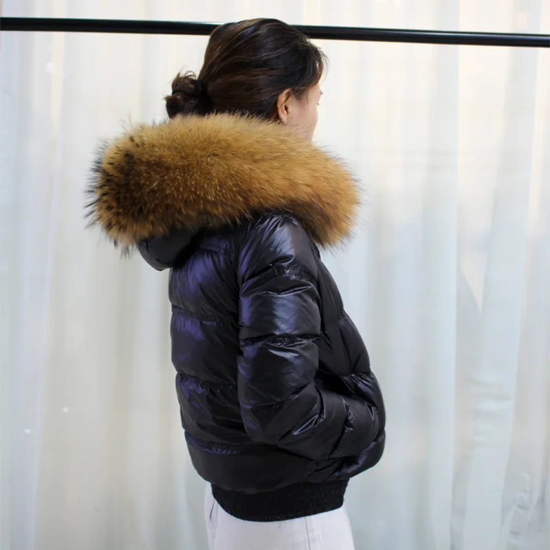 

Winter Puffer Jacket Female Feather Down Parka Real Fur Hooded Waterproof Women Slim 90% Duck Down Coat Short Shiny