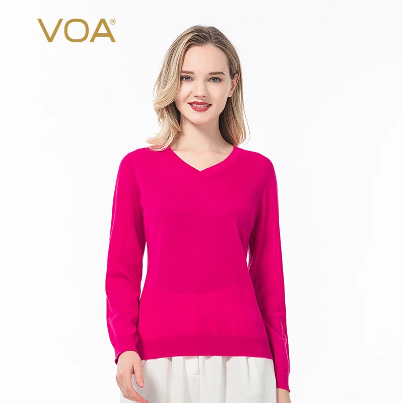 

VOA кашемировый вязаный джемпер с v-образным вырезом, топы с нитями, камвольная шерсть, 16 игл, пуловер с длинными рукавами, осенне-зимний кашем...