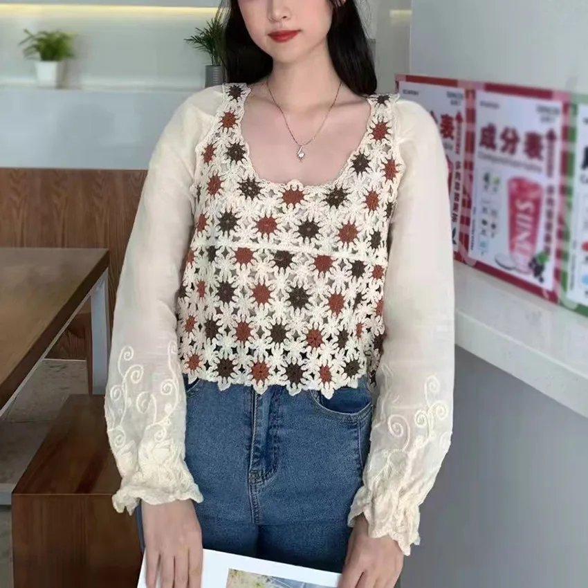 

Bohemian Boho Floral Embroidery Blouse Shirt Women Long Sleeve Casual Blouses Crochet Crop Top Spring Autumn Shirts