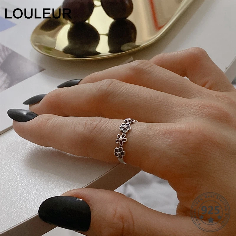 

LouLeur 100% Real 925 Sterling Silver Flower Ring Female Vintage Adjustable Open Rings for Women Luxury Fine Silver Jewelry Gift