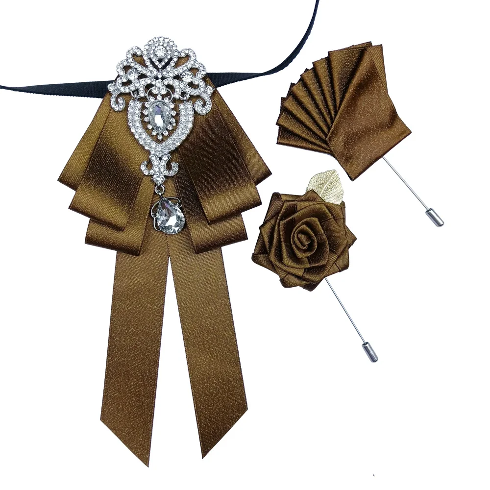 British Handmade Rhinestone Bow Tie Set for Men High-end Business Banquet Wedding Suit Dress Bowtie Brooch Pocket Square 3-piece