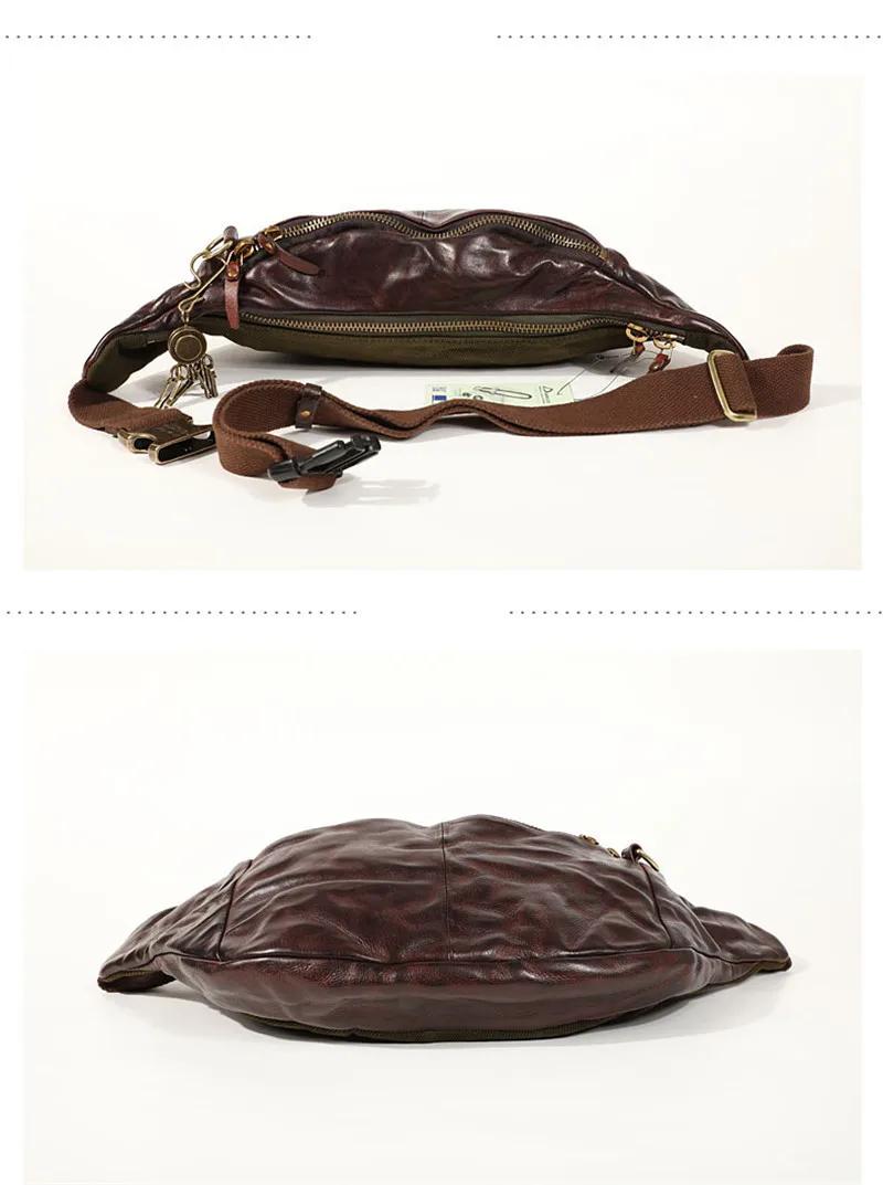 Fashion pleated men's daily natural luxury genuine leather large-capacity chest bag vintage cowhide multifunctional waist Pack