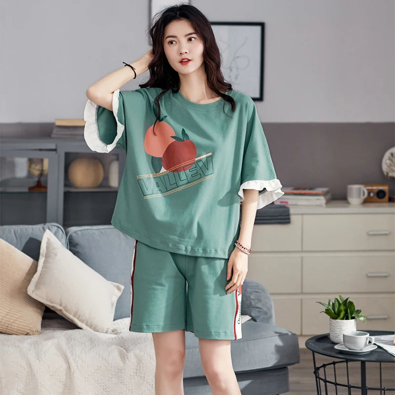 

Летняя Пижама для женщин, повседневная хлопковая Домашняя одежда с короткими рукавами и оборками, женская модная темно-зеленая пижама с мул...