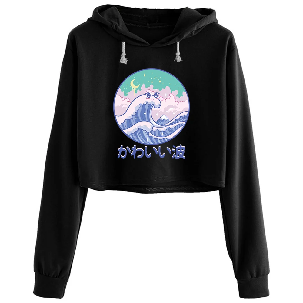 

Kawaii Kanagawa The Great Wave Japanese Hokusai Ae укороченные толстовки для женщин Kawaii Goth Grunge Harajuku пуловер для девочек