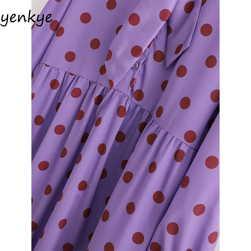 Весна 2020 женское винтажное платье сатин в горошек с бантом на воротнике и длинным