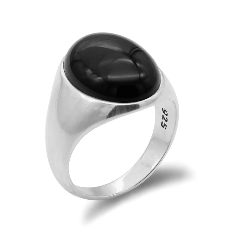 

Turkey Jewelry Black Ring Men Light-weight Real 925 Sterling Silver Mens Rings Natural Agate Stone Vintage Cool Fashion Ring