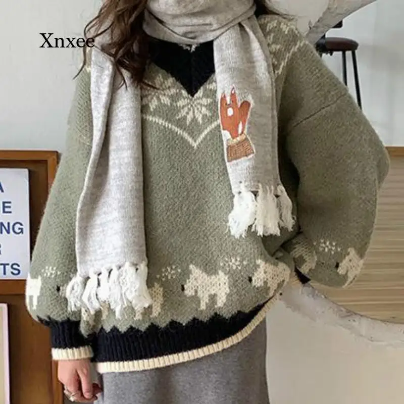 

Britisv-Neck Sweaters Women Patchwork Loose Fashion Daily Korean Version Leisure All-Match Winter Warm Feminino Pullovers Tops