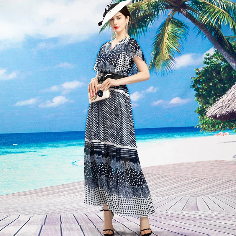 

Limited Edition M to 4XL 2021 Summer New Euro Vintage Luxury Fashion Lady Polka Dot Print Chiffon Dress Long