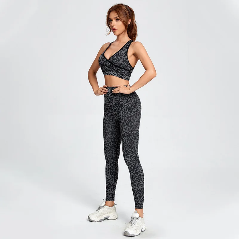 

NORMOV Sexy Leopard Print Sets Women Summer Cross Backless Bras And High Waist Push Up Pants Suit Fitness Breathable Sets Woman