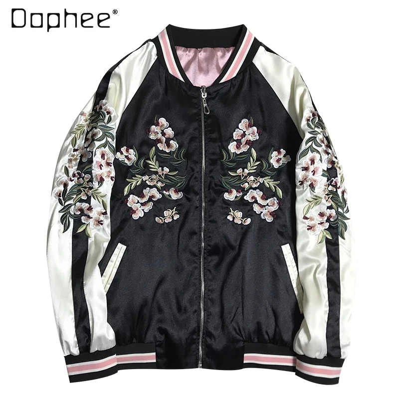 Женская Двухсторонняя куртка с цветочной вышивкой атласная бейсбольная длинным