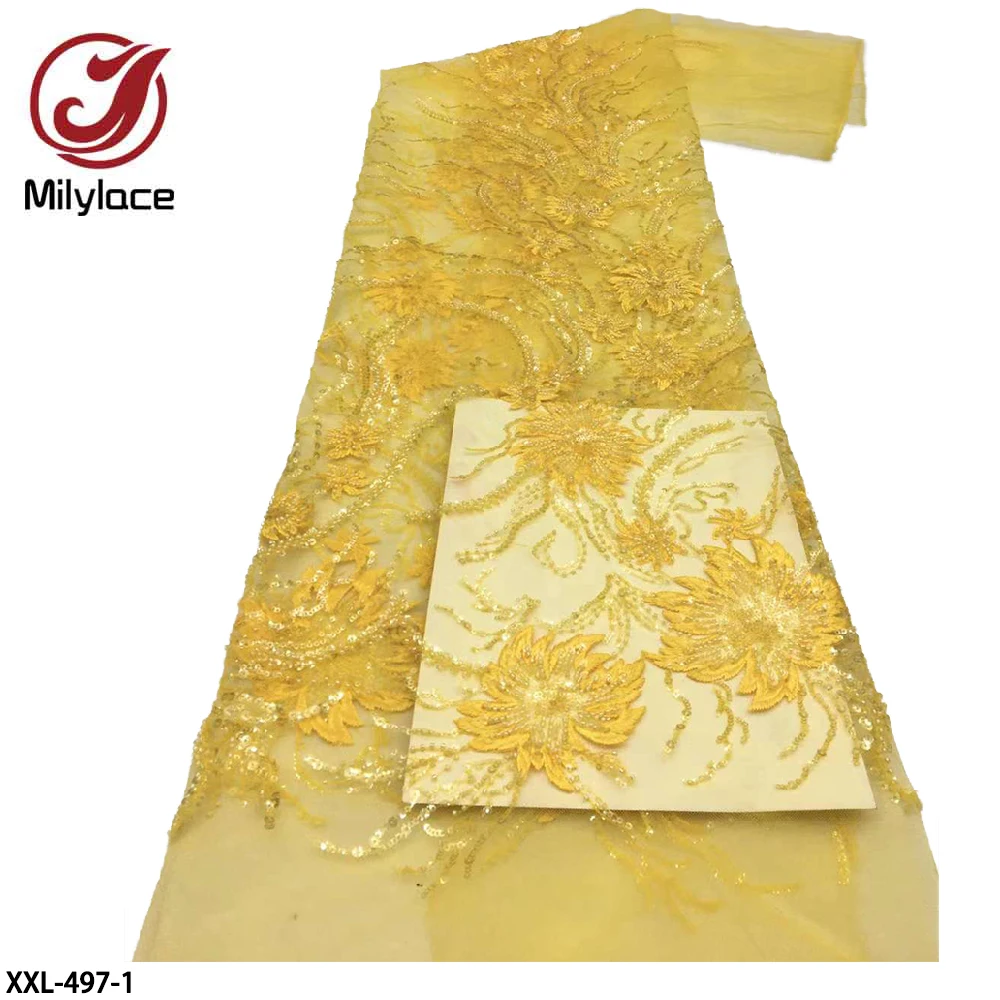 

African Tulle Lace Fabric Embroidery French Handmade Beaded Lace Fabric High End Mesh Material for Party XXL-497