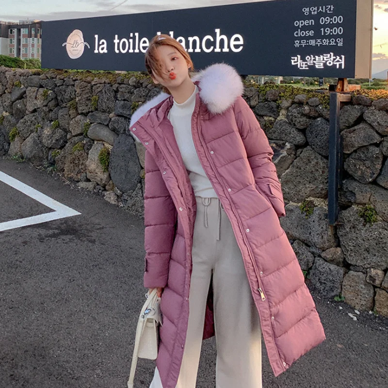 

Newest Winter Parkas Mujer Long Down Jackets Pink Thick Loose Pure Color Over Knee Coat Lady Clothing Female Blue Warm Outercoat