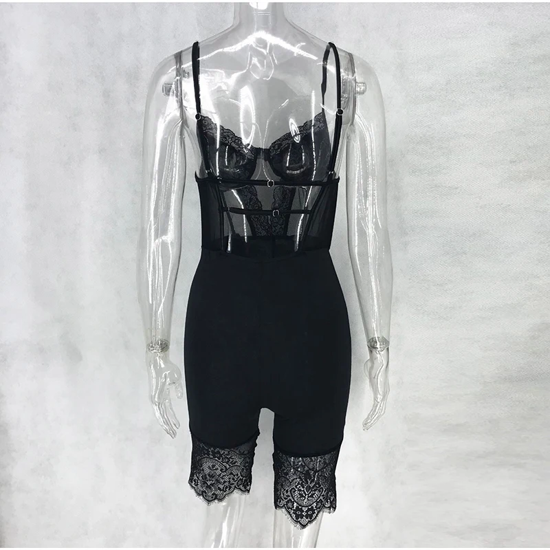 

NewAsia Hollow Out Backless Sexy Jumpsuit Women Spaghetti Straps See Through Mesh Splice Lace Playsuit Party Club Wear Rompers