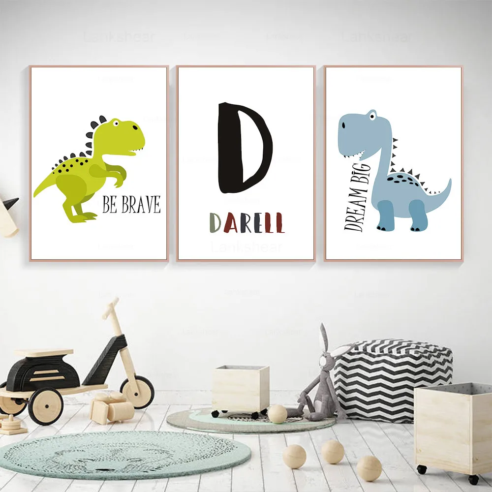 Динозавр животных печати пользовательское имя Wall Art Холст плакат для детской