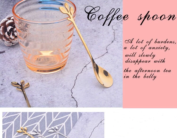 Golden Silver Leaf Spoon Stainless Steel Coffee Spoon Coffee Mixing Spoon Northern Europe Custom Gift Creative Branch Spoon
