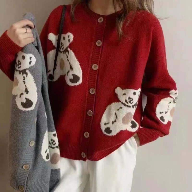 

Cute Cardigan Women Bear Print O-Neck Kawaii Sweater Coat Women 2021 Autumn Korean Elegant Sweet Knitted Cardigans Female LD1971