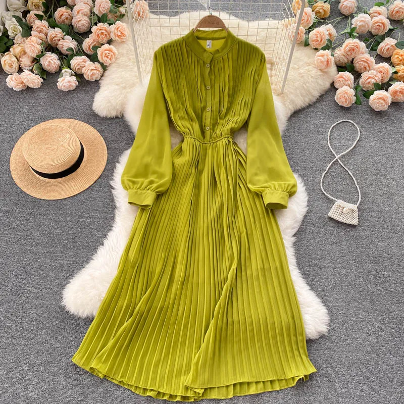 

2022 New Autumn Fashion Temperament Vestidos Female Stand-up Collar Puff Sleeve Waist Thin Pleated Skirt Midi Dress DF729