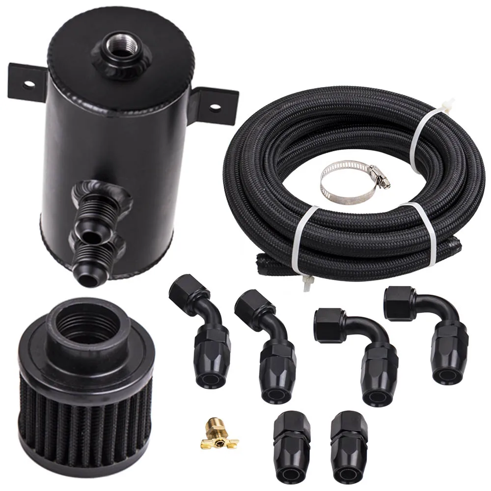 

Aluminium Baffled Engine Oil Catch Can 0.75L 2 Ports + 3M AN10 Hose Fitting Kit
