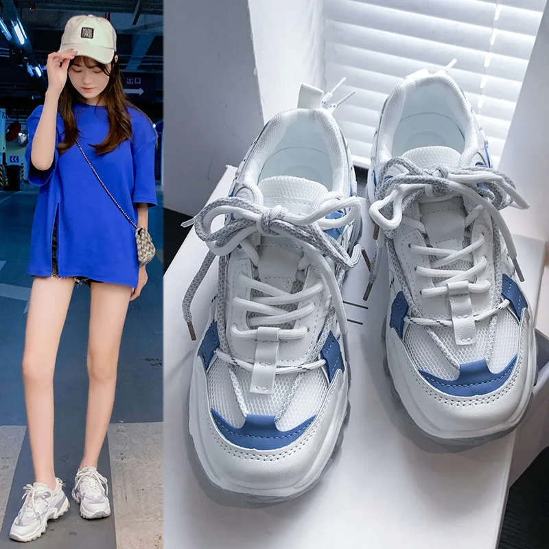 Women's Breathable Sneakers 2021 Summer New Trend Color Matching Mesh Lace-Up Ladies Outdoor Low-Top Platform Casual Shoes