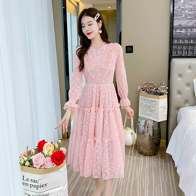 

Женское винтажное Кружевное платье миди, элегантное праздничное платье с цветочным принтом, Сетчатое платье с длинным рукавом и оборками, в...