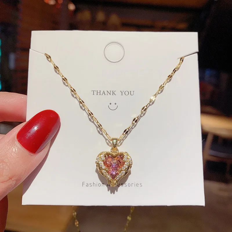 

Ocean Heart Necklace Women's Elegant Titanium Steel Clavicle Chain Fashion Palace Style Heart-Shaped Colorful Crystal Pendant