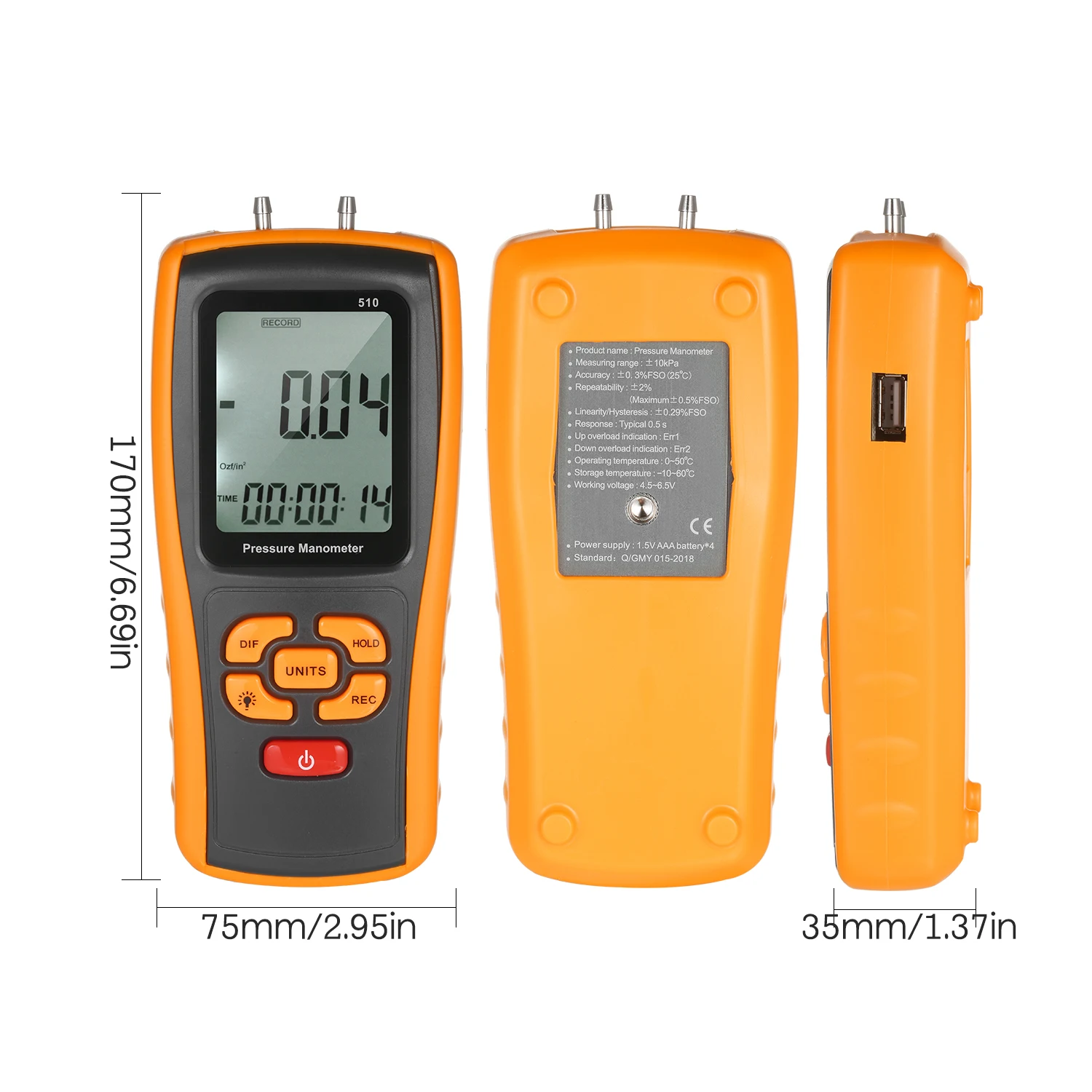 

KKmoon Air Pressure Meter Differential Pressure Gauge Micromanometer Digital Manometer 10 kPa for Gas Pressure Switches Vacuum